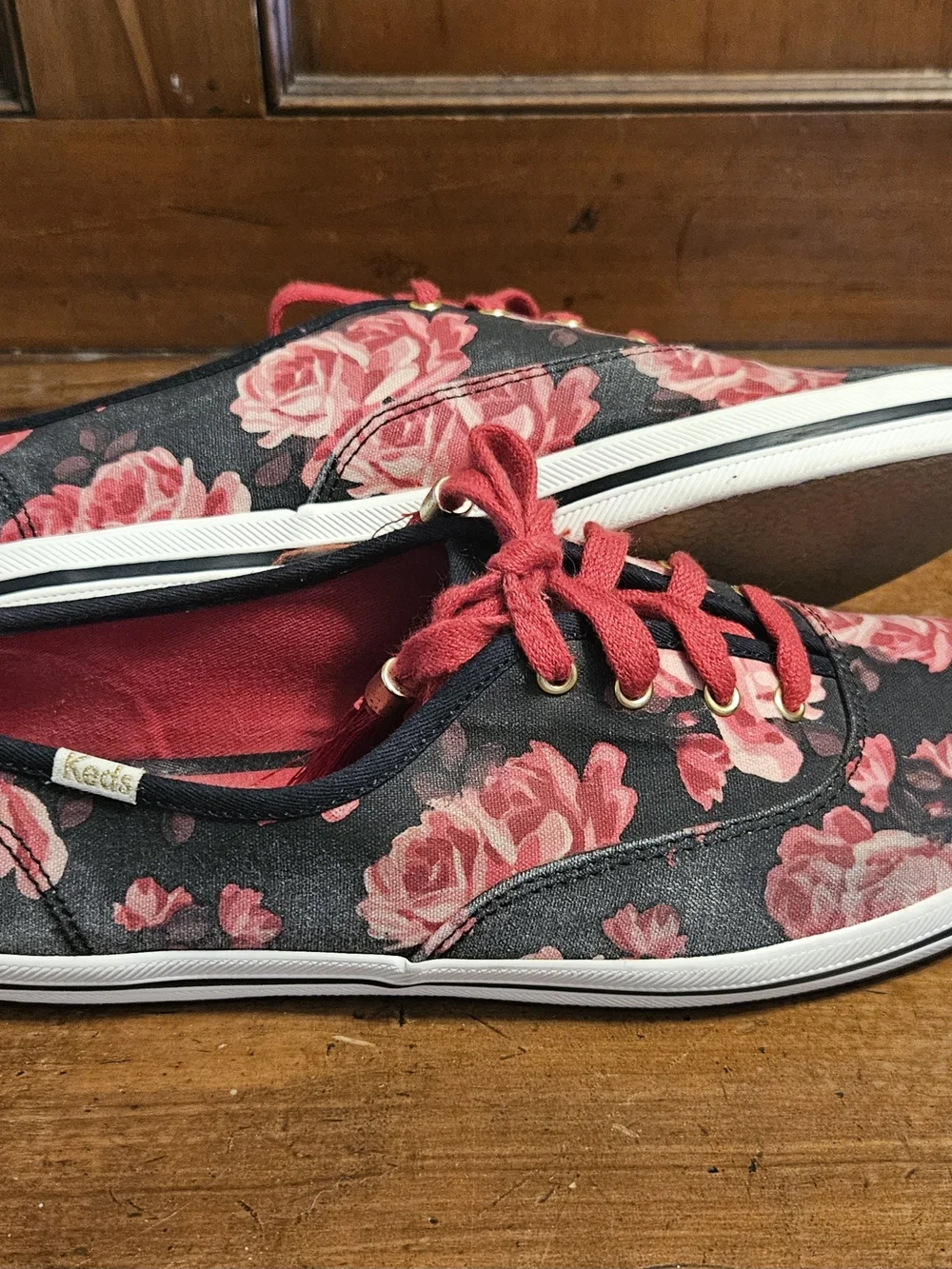 kate spade Black Sneakers with Red Floral Print and Red Tassels